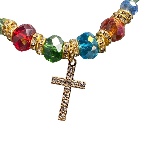 Multicolored Beaded Stretch Bracelet with Rhinestone Cross Charm - Picture 3 of 5